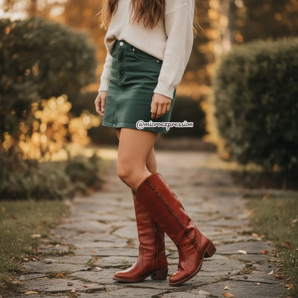 VINTAGE 1970s Frye Leather Red-Brown Leather Braided Knee High Block Heel Boot